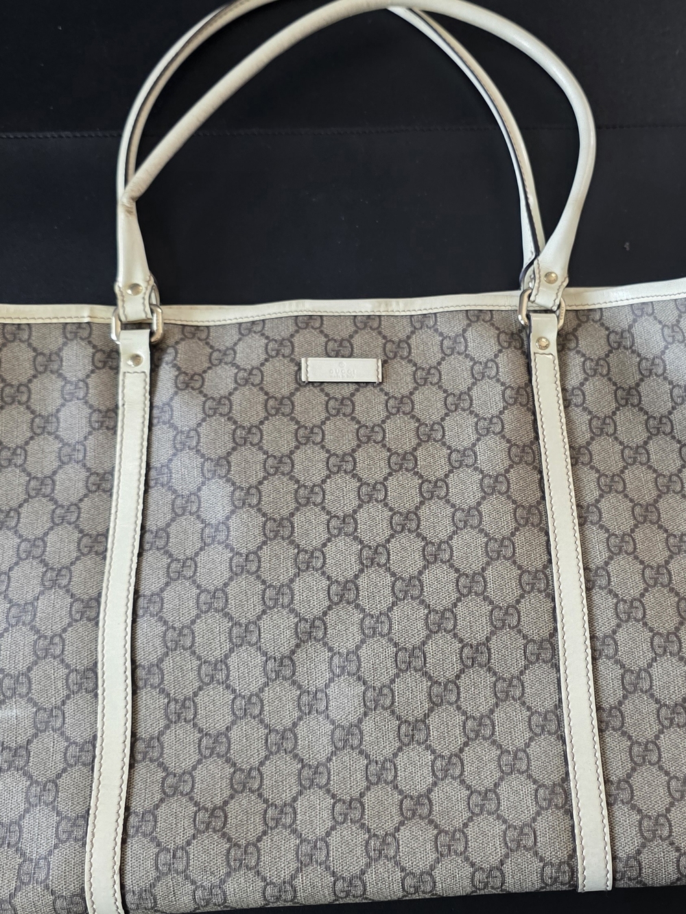 Authentic Gucci Brown and Cream GG Monogram Canvas Pouch with Leather Trim